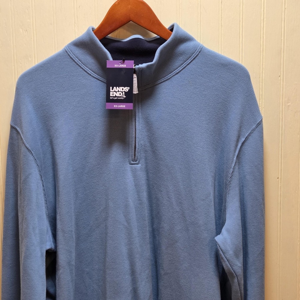 Lands' End Sweater Mens 2XL Blue Bedford Rib Quarter Zip Mock Neck Knit Pullover